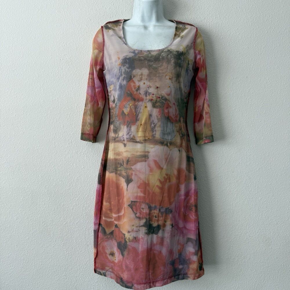VTG Love Amour Y2K Sheer Mesh Portrait Dress Floral Renaissance Whimsygoth